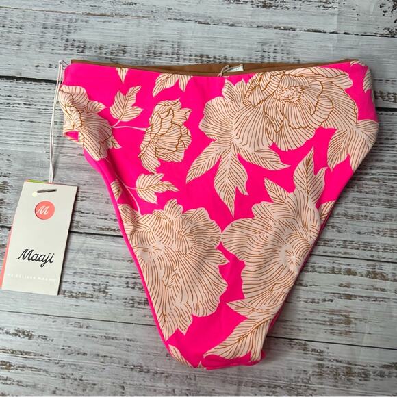 Maaji Small Standard High Rise Bikini Swim Bottom Reversible Pink Floral NEW - Picture 3 of 11